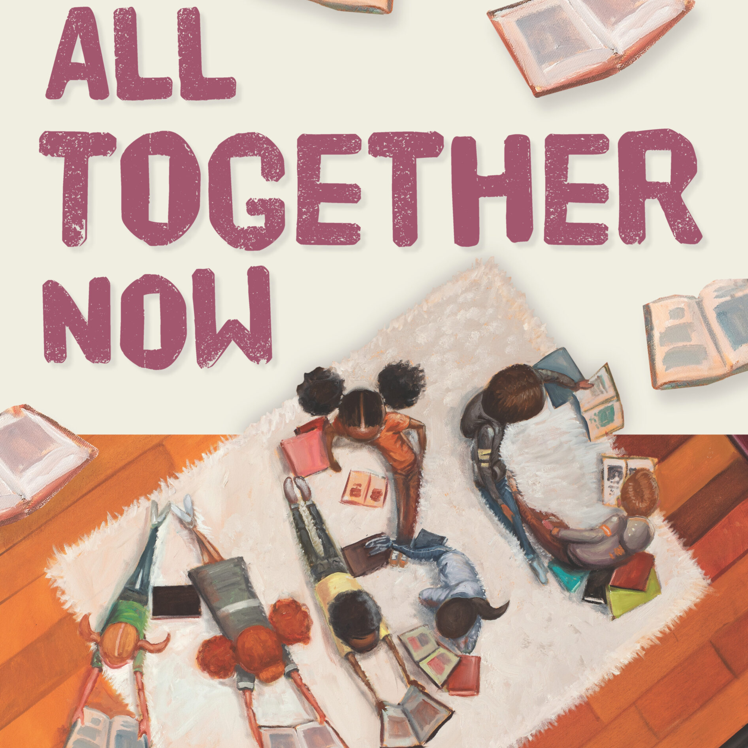 Text "All Together Now" over an illustration of children reading with their bodies forming the letters A B C.