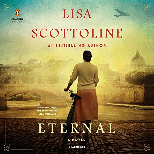 Cover of the "Eternal" audiobook showing a woman from behind holding a bicycle looking at a European city