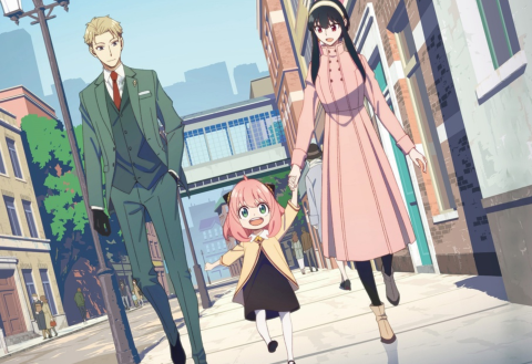 A promotional image of the anime Spy x Family showing a man and woman walking down the street with a young, pink-haired girl