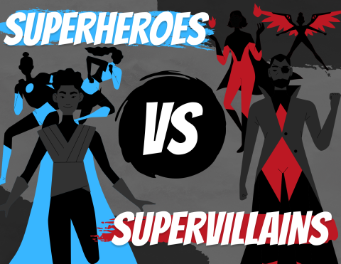 A group of Superheroes on the right and a group of Supervillains on the left with a large VS in the middle.