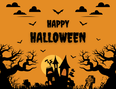 Orange background with black text saying "Happy Halloween"