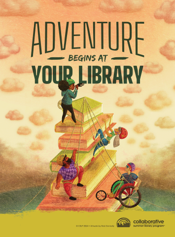 Text at top reads "Adventure begins at your library". The image is an illustration showing various people climbing a start of large books.