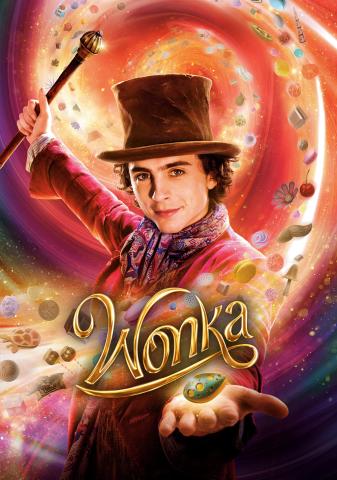 Poster for "Wonka" featuring Willy Wonka holding out a piece of candy, while candy swirls around him.