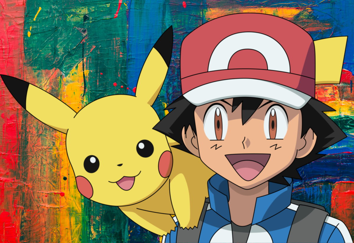 Image of Ash and Pikachu from Pokemon in front of an abstract painted canvas