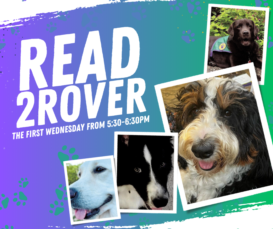 Purple and green gradient with photographs of different dogs, and the name of the program.