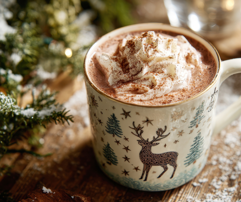 Photo of hot chocolate in a mug with a reindeer on it